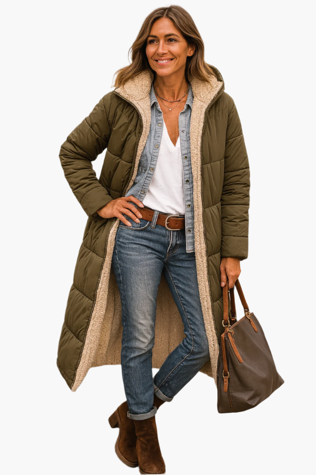 Women's winter quilted coat with teddy lining, long style, versatile & warm for cold days
