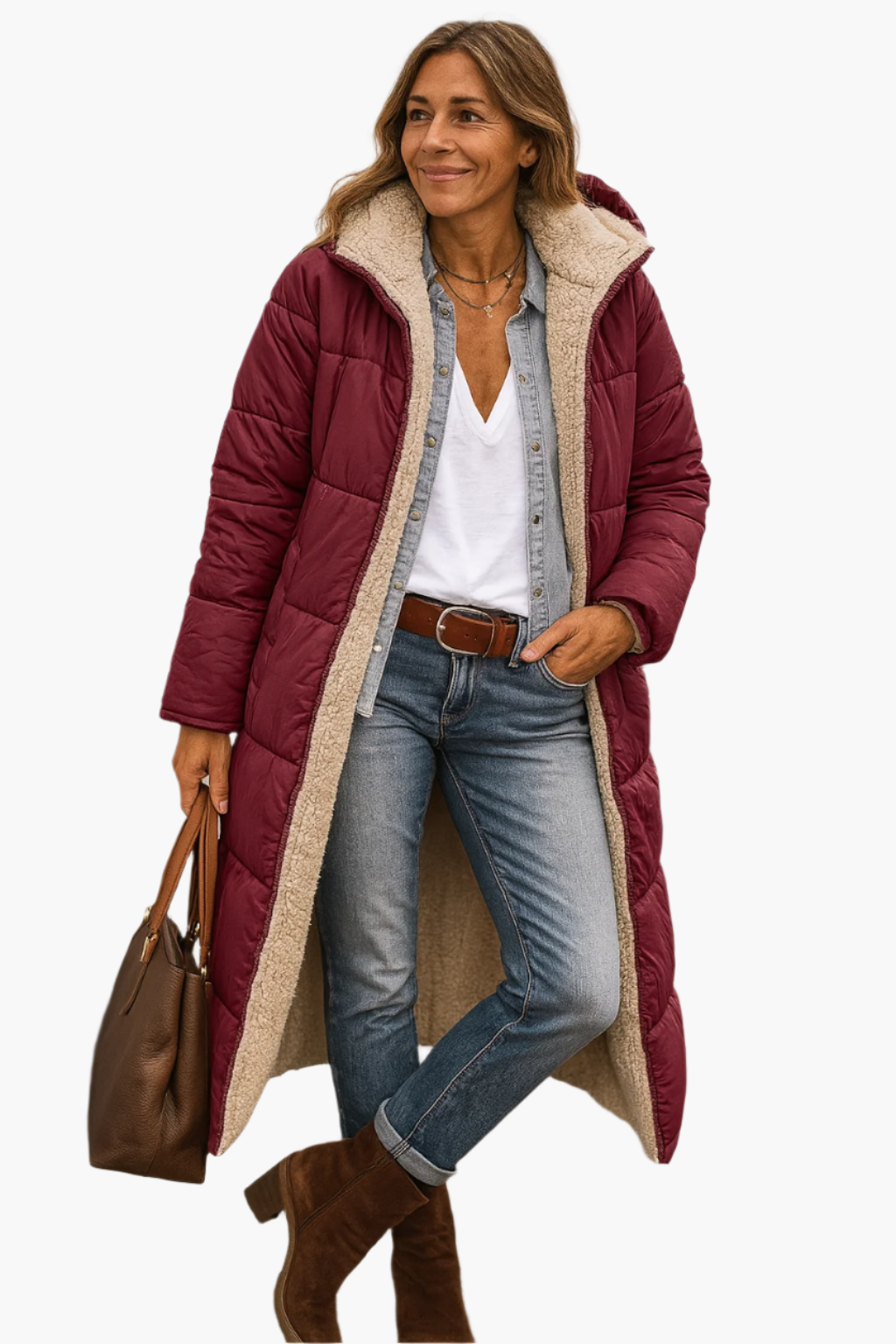 Women's winter quilted coat with teddy lining, long style, versatile & warm for cold days