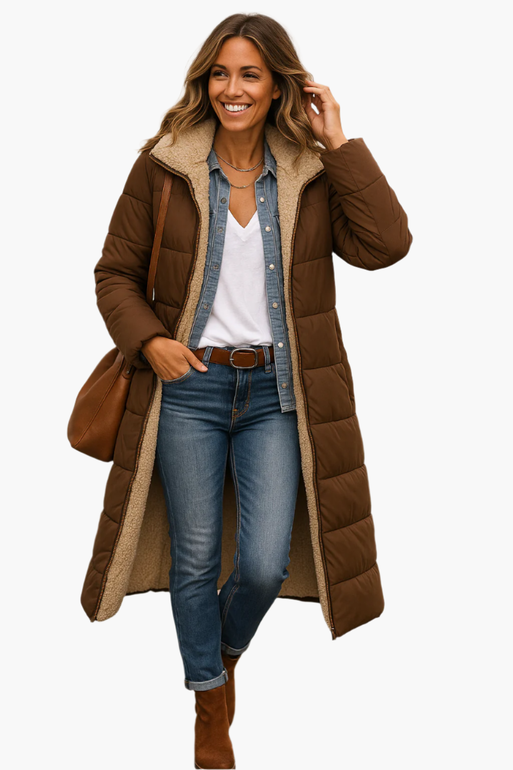 Women's winter quilted coat with teddy lining, long style, versatile & warm for cold days