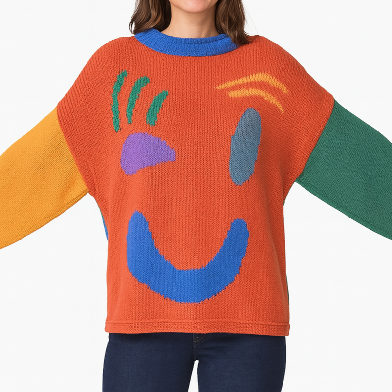 Women's sweater with playful face motif – knitted sweater in artistic style for leisure & everyday use