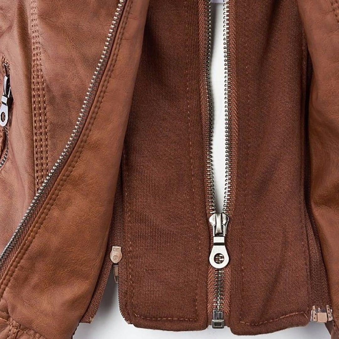 Damen Herbstjacke Elegant Veganleder mit Kapuze und Reißverschluss – Modische Freizeitjacke für Alltag und Outdoor