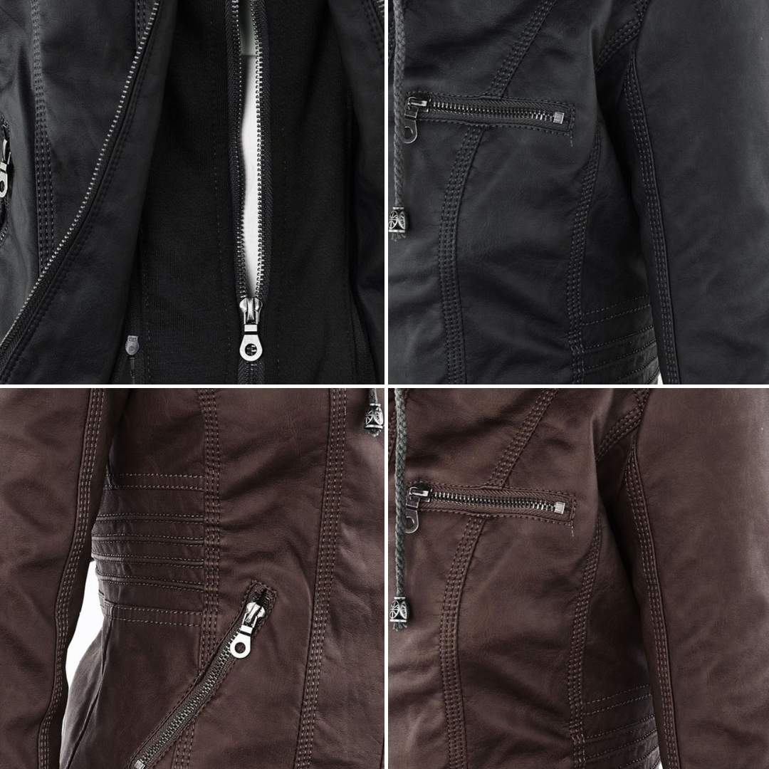 Damen Herbstjacke Elegant Veganleder mit Kapuze und Reißverschluss – Modische Freizeitjacke für Alltag und Outdoor