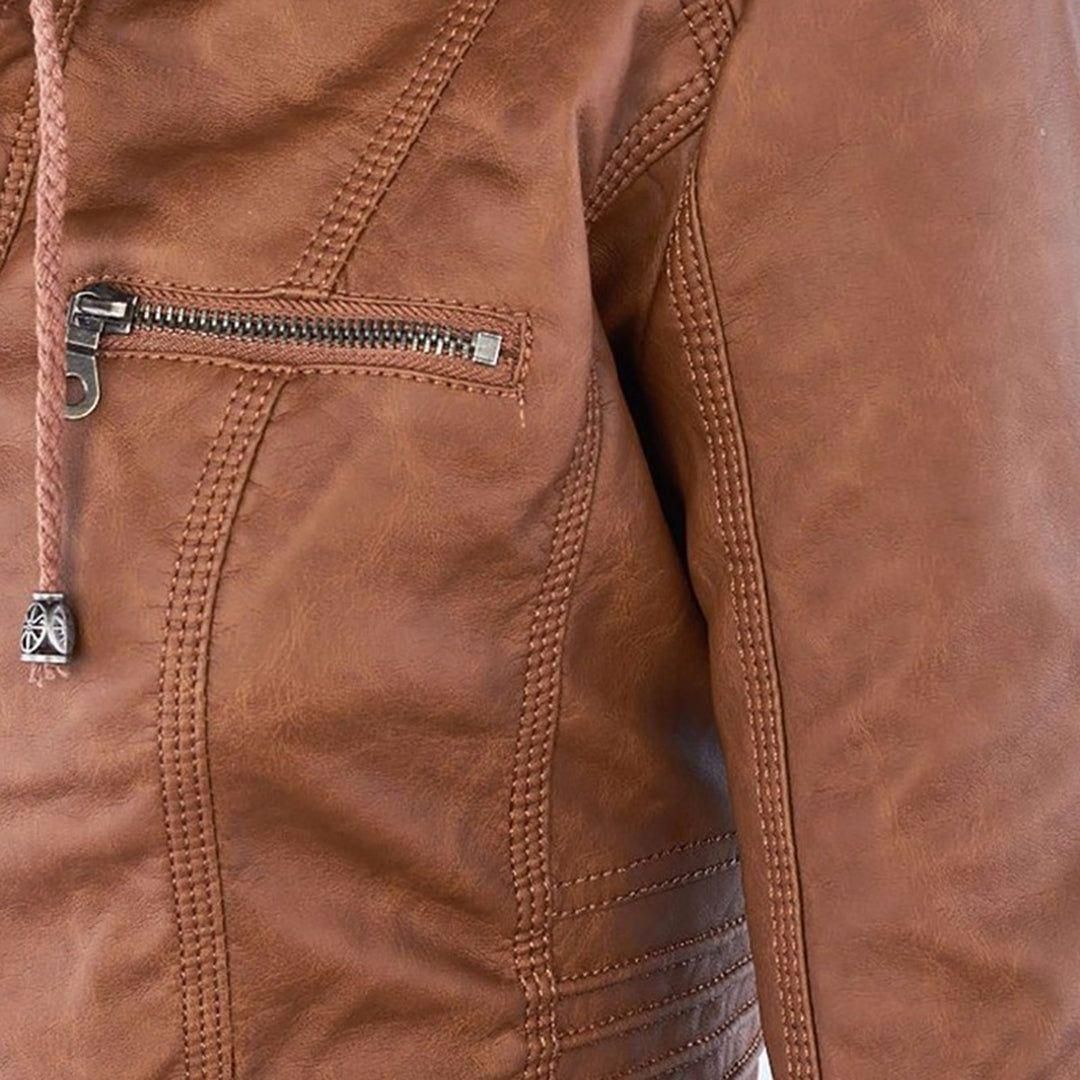 Damen Herbstjacke Elegant Veganleder mit Kapuze und Reißverschluss – Modische Freizeitjacke für Alltag und Outdoor