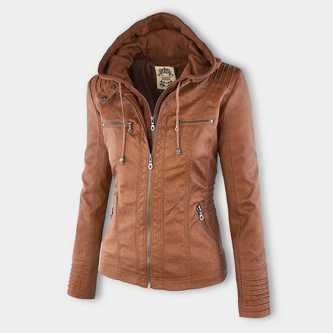 Damen Herbstjacke Elegant Veganleder mit Kapuze und Reißverschluss – Modische Freizeitjacke für Alltag und Outdoor