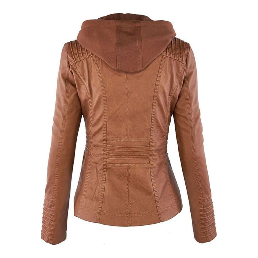 Damen Herbstjacke Elegant Veganleder mit Kapuze und Reißverschluss – Modische Freizeitjacke für Alltag und Outdoor