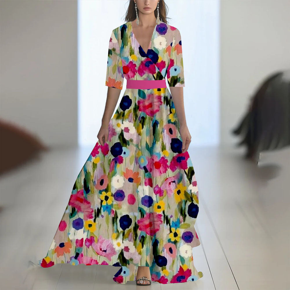 Damen Elegantes Chiffon-Maxikleid mit Blumenmuster – Perfekt für festliche Anlässe und Sommerpartys