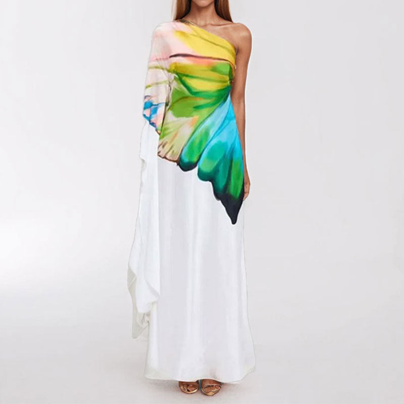 Carly – Elegant printed satin one-shoulder dress with slit