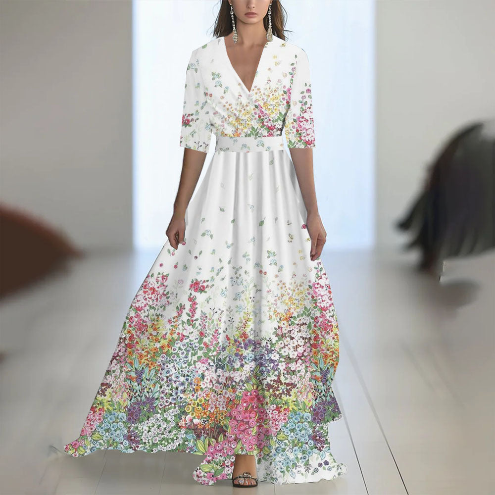 Damen Elegantes Chiffon-Maxikleid mit Blumenmuster – Perfekt für festliche Anlässe und Sommerpartys