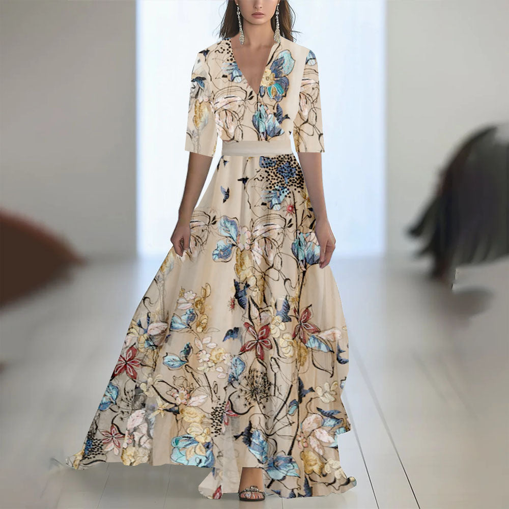 Damen Elegantes Chiffon-Maxikleid mit Blumenmuster – Perfekt für festliche Anlässe und Sommerpartys