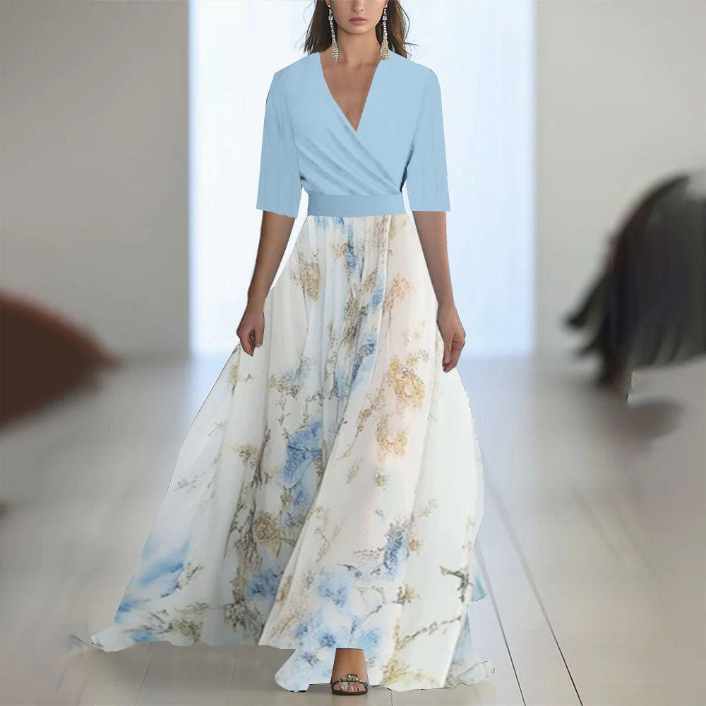 Damen Elegantes Chiffon-Maxikleid mit Blumenmuster – Perfekt für festliche Anlässe und Sommerpartys