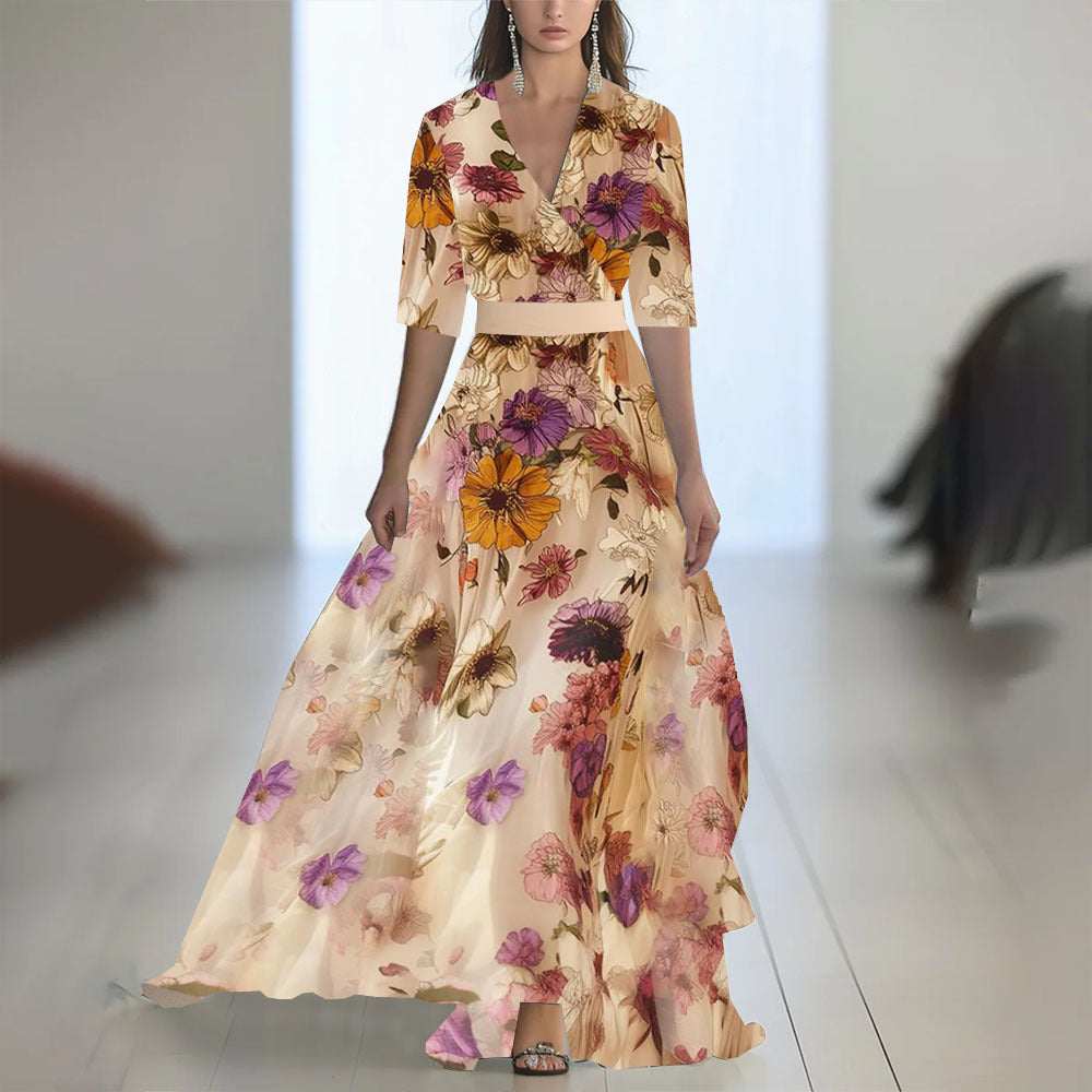 Damen Elegantes Chiffon-Maxikleid mit Blumenmuster – Perfekt für festliche Anlässe und Sommerpartys