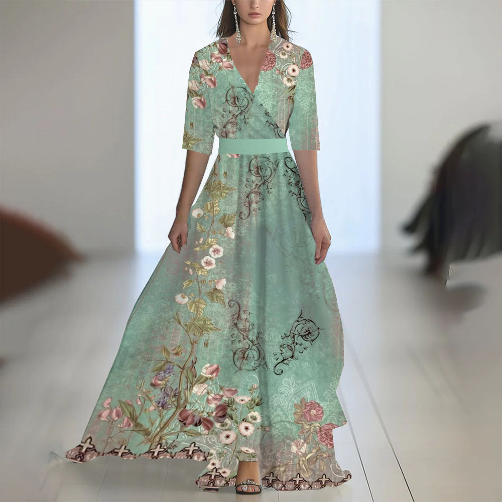 Damen Elegantes Chiffon-Maxikleid mit Blumenmuster – Perfekt für festliche Anlässe und Sommerpartys