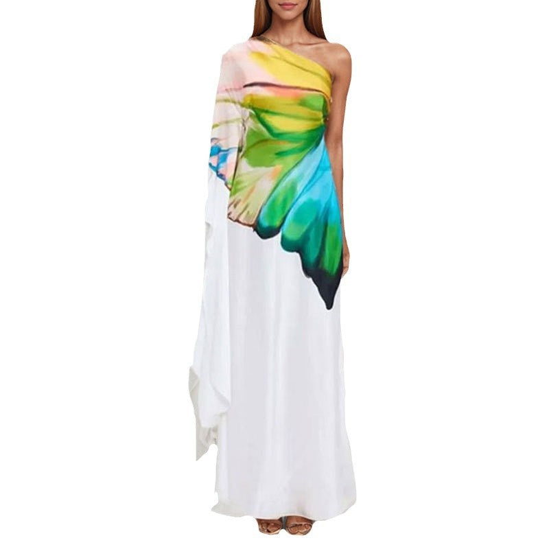 Carly – Elegant printed satin one-shoulder dress with slit