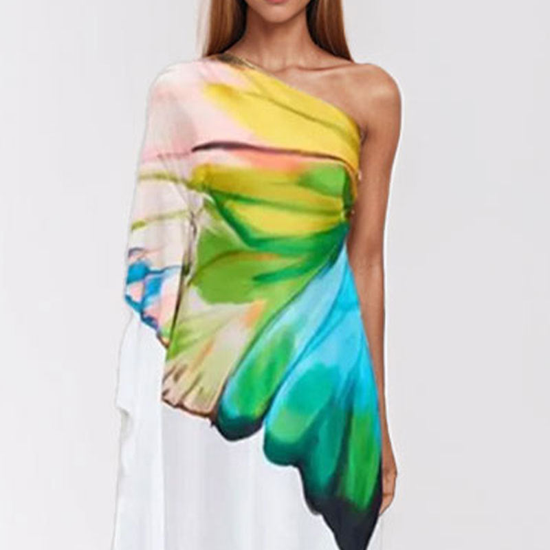 Carly – Elegant printed satin one-shoulder dress with slit