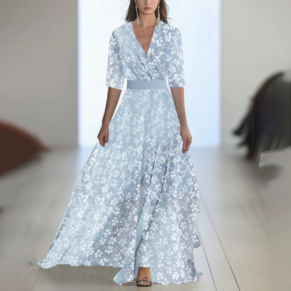 Damen Elegantes Chiffon-Maxikleid mit Blumenmuster – Perfekt für festliche Anlässe und Sommerpartys