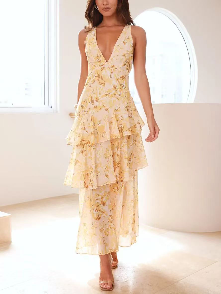 Damen Asymmetrisches Volant-Maxikleid für festliche Anlässe und Partys