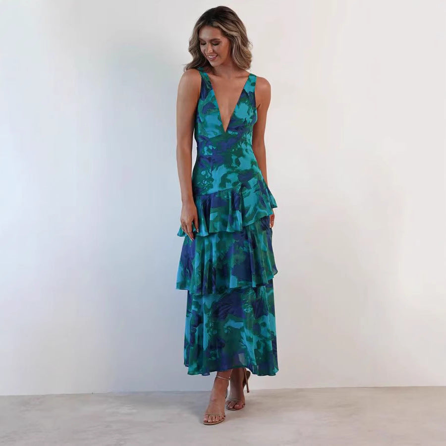 Damen Asymmetrisches Volant-Maxikleid für festliche Anlässe und Partys