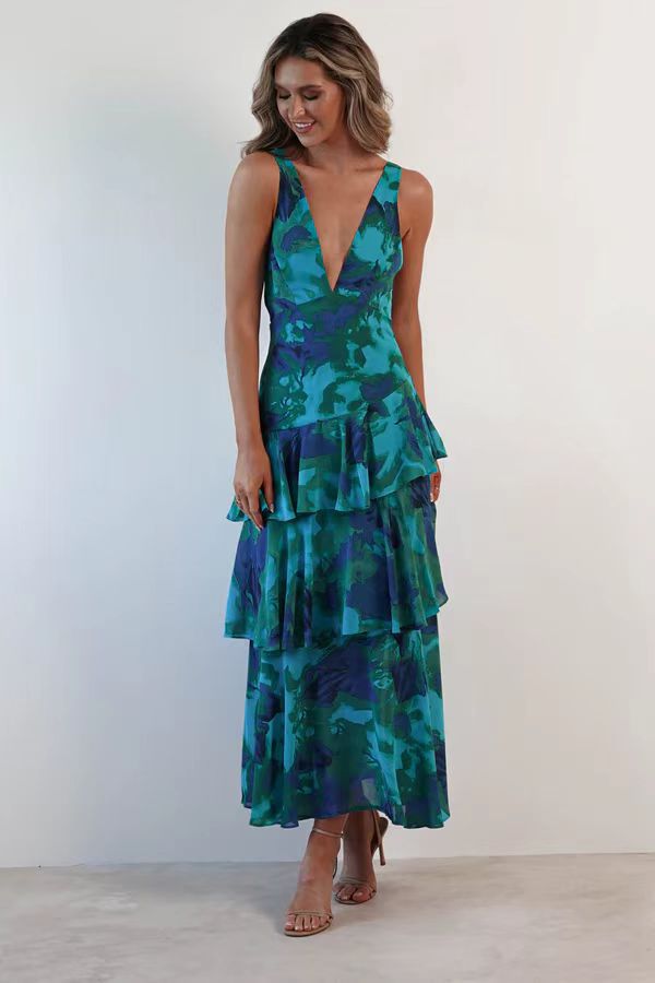 Damen Asymmetrisches Volant-Maxikleid für festliche Anlässe und Partys