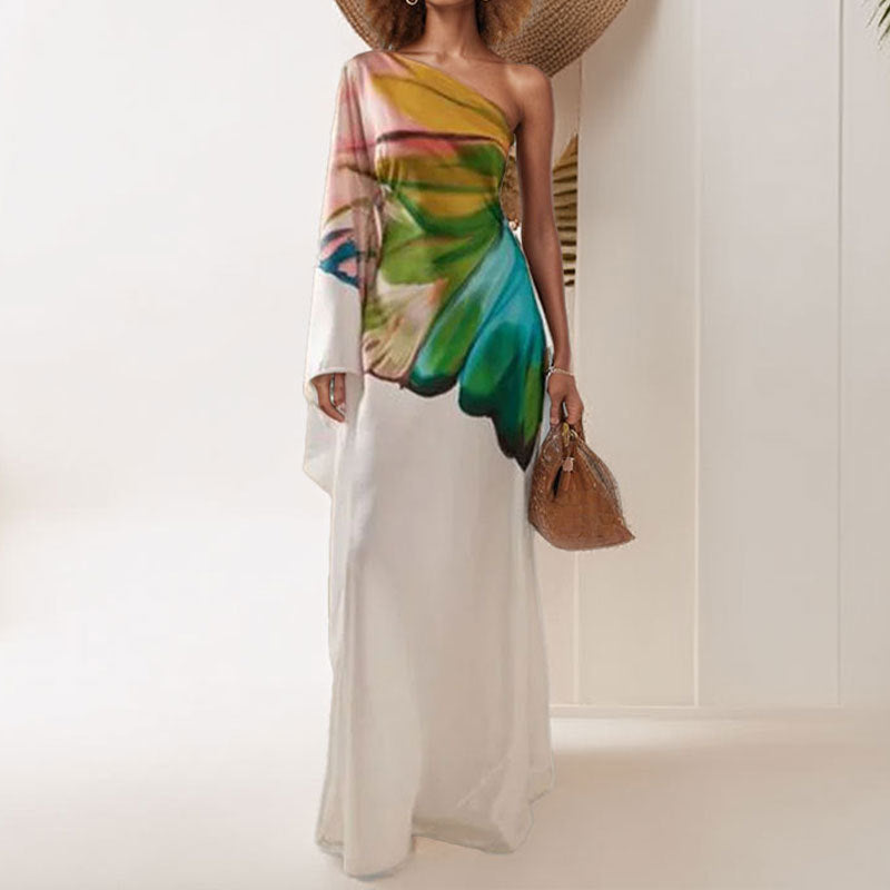 Carly – Elegant printed satin one-shoulder dress with slit