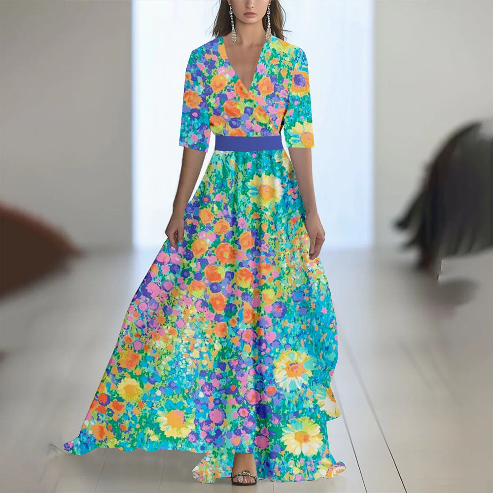 Damen Elegantes Chiffon-Maxikleid mit Blumenmuster – Perfekt für festliche Anlässe und Sommerpartys