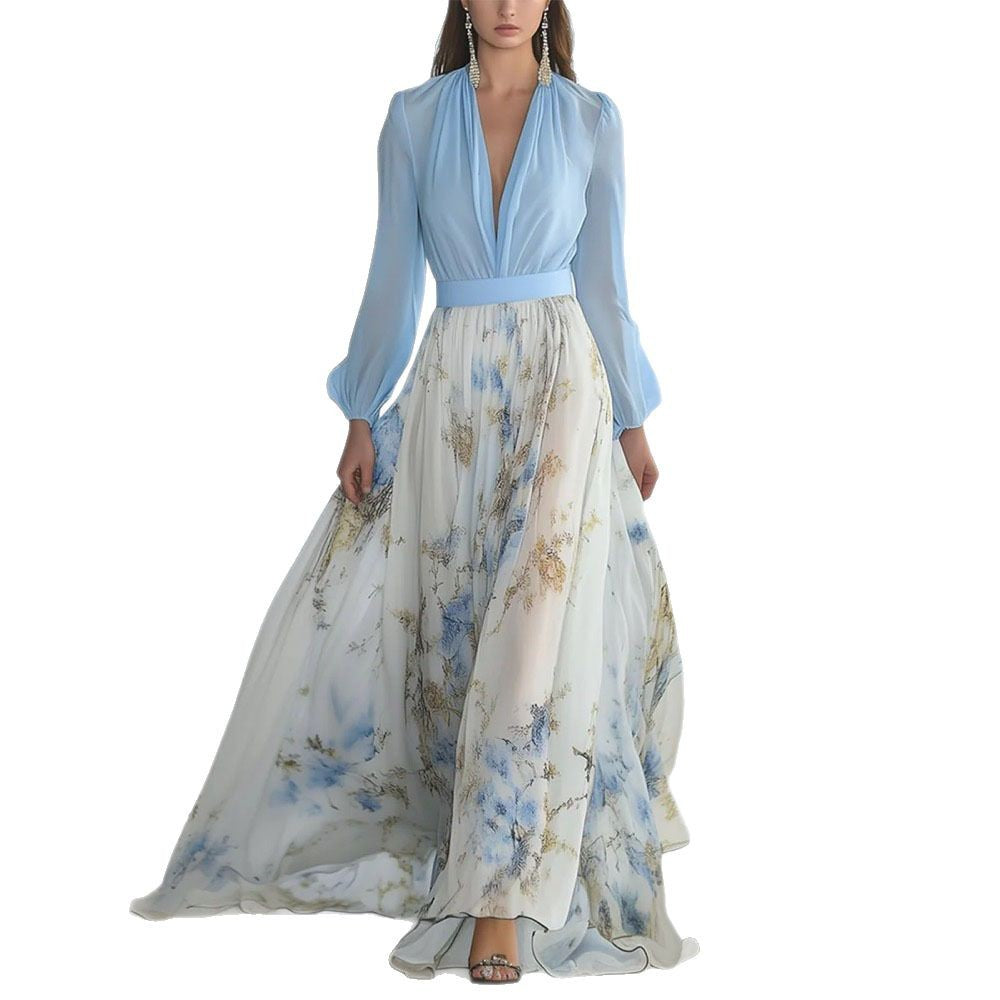 Damen Elegantes Chiffon-Maxikleid mit Blumenmuster – Perfekt für festliche Anlässe und Sommerpartys
