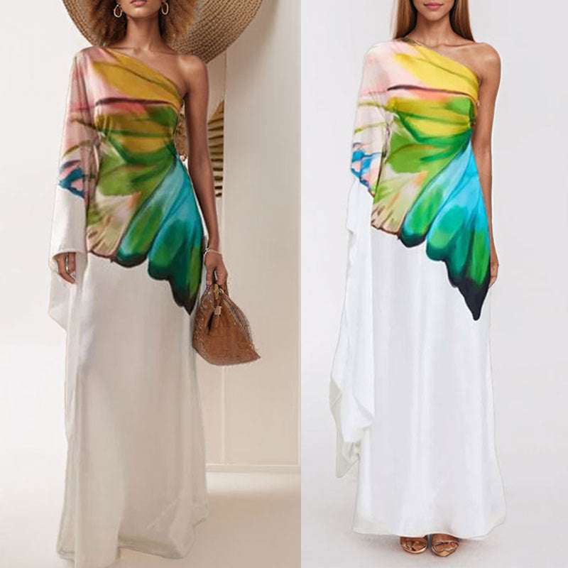 Carly – Elegant printed satin one-shoulder dress with slit