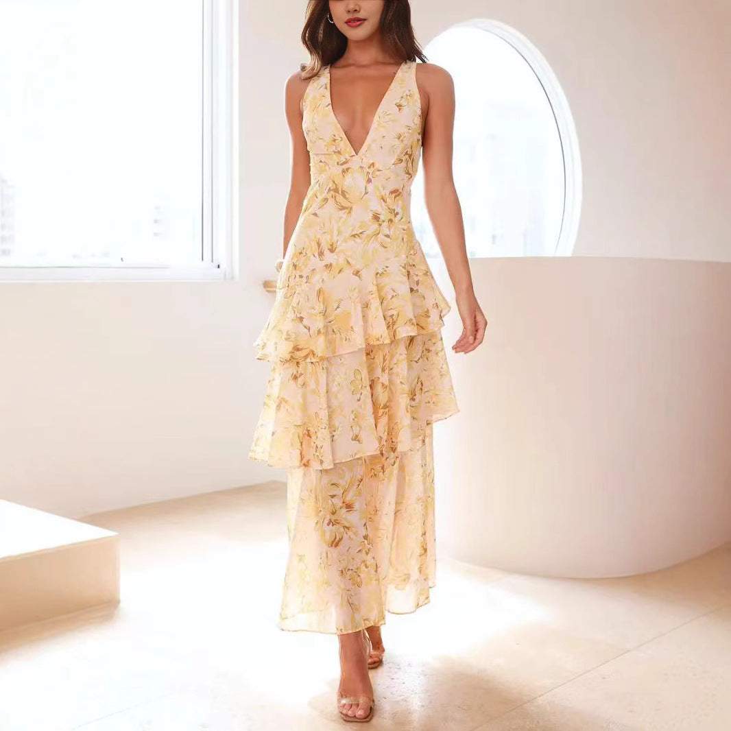 Damen Asymmetrisches Volant-Maxikleid für festliche Anlässe und Partys