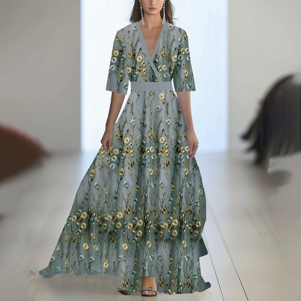Damen Elegantes Chiffon-Maxikleid mit Blumenmuster – Perfekt für festliche Anlässe und Sommerpartys