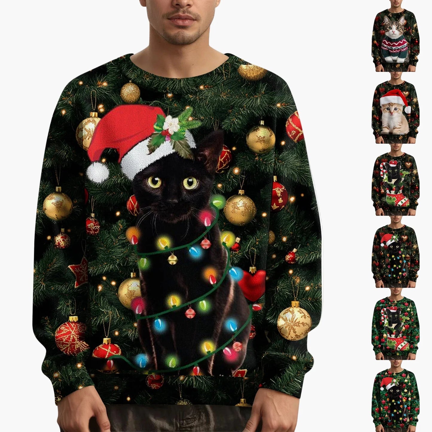 Herren Weihnachts-Sweatshirt mit Katzenmotiv und festlichem Print – Lustiges Pullover für die Feiertage