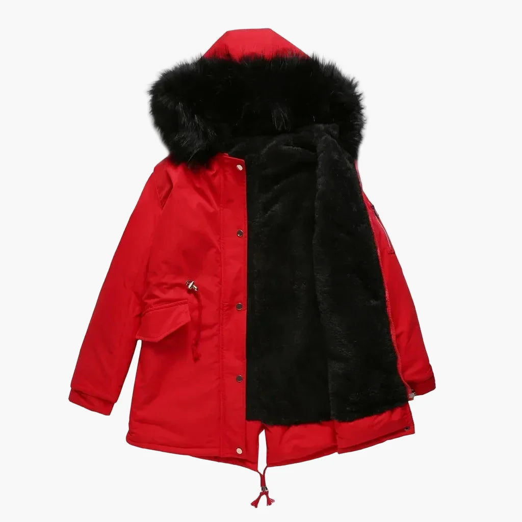 Women's winter parka with hood and faux fur – fashionable outdoor jacket for cold days