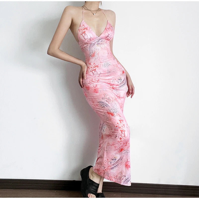 Alice – Schmetterling Halterneck Rückenfrei Schlankes Druckkleid
