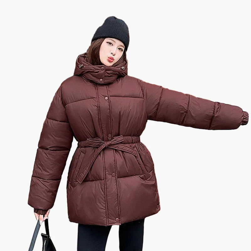 Women's winter quilted jacket with belt – fashionable outdoor jacket for cold days