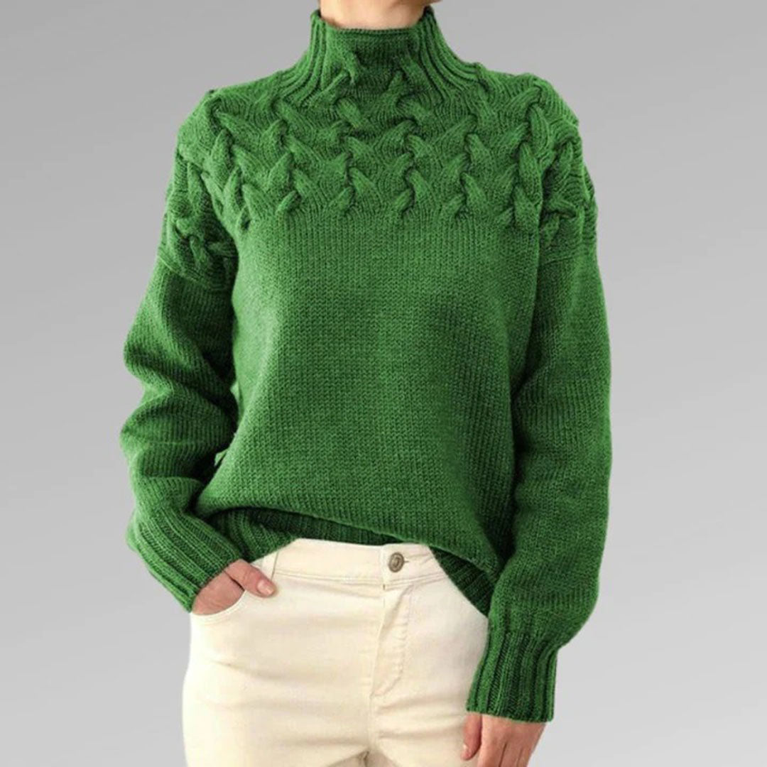 Women's knitted sweater with cable pattern and stand-up collar – stylish winter sweater for everyday and leisure