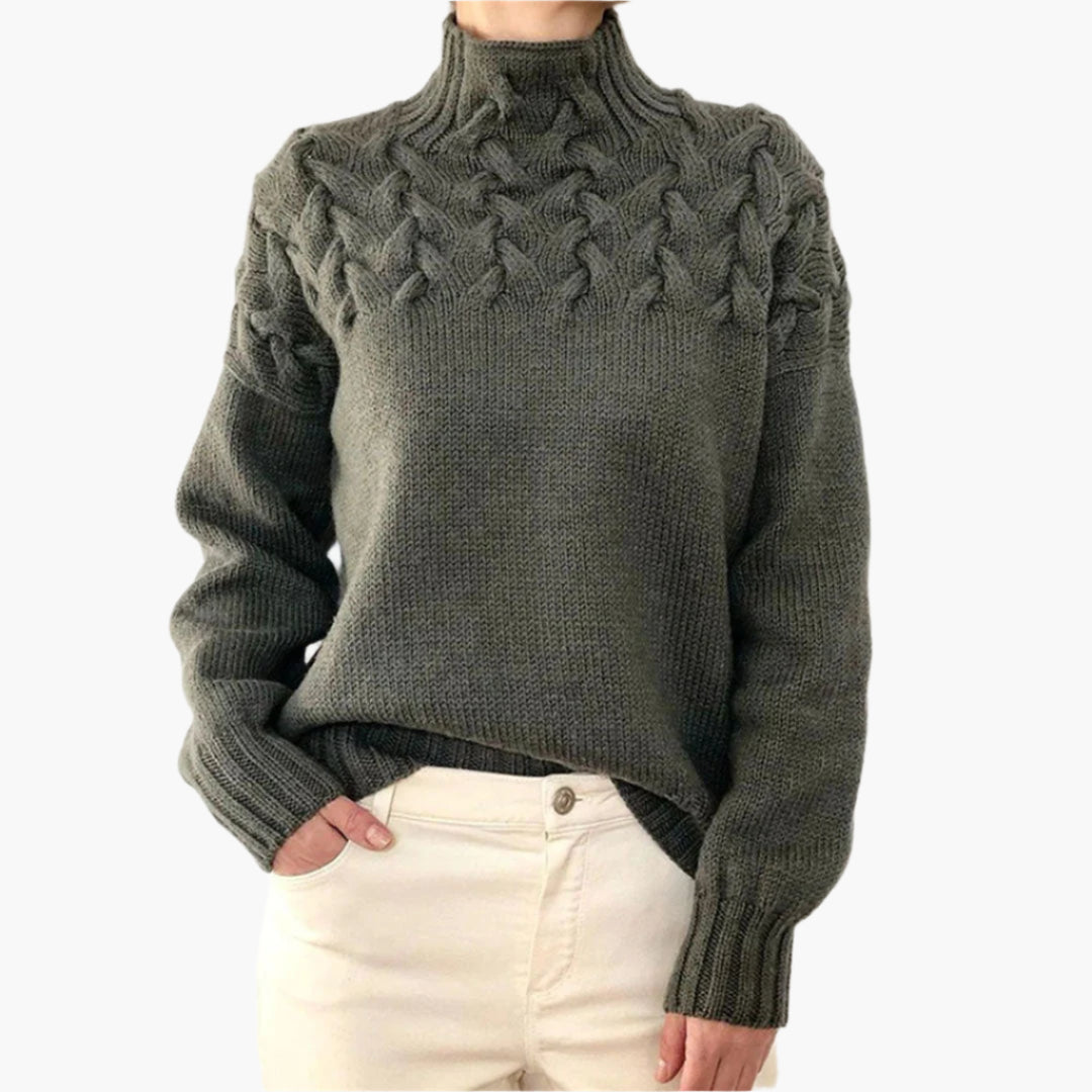 Women's knitted sweater with cable pattern and stand-up collar – stylish winter sweater for everyday and leisure