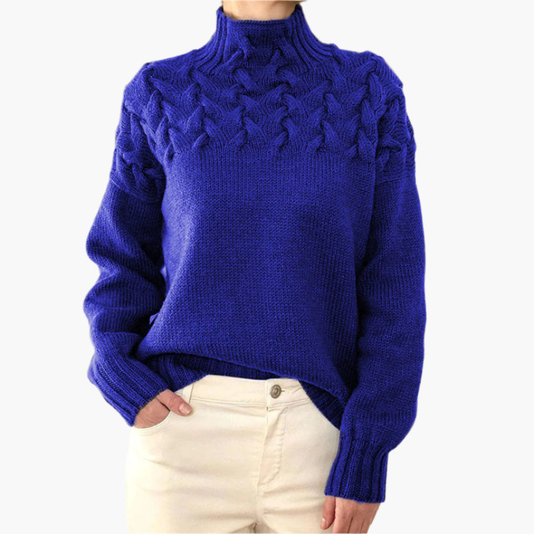 Women's knitted sweater with cable pattern and stand-up collar – stylish winter sweater for everyday and leisure