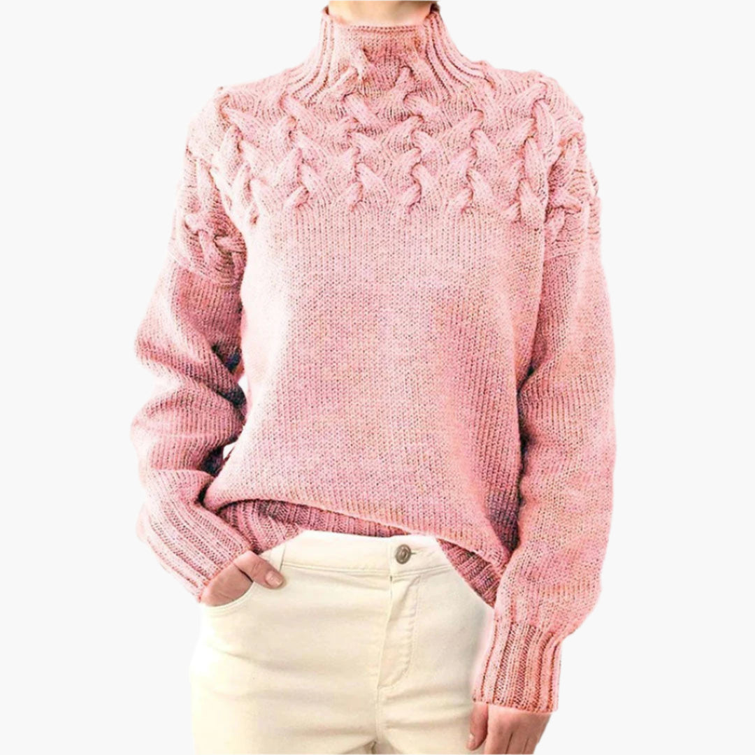 Women's knitted sweater with cable pattern and stand-up collar – stylish winter sweater for everyday and leisure