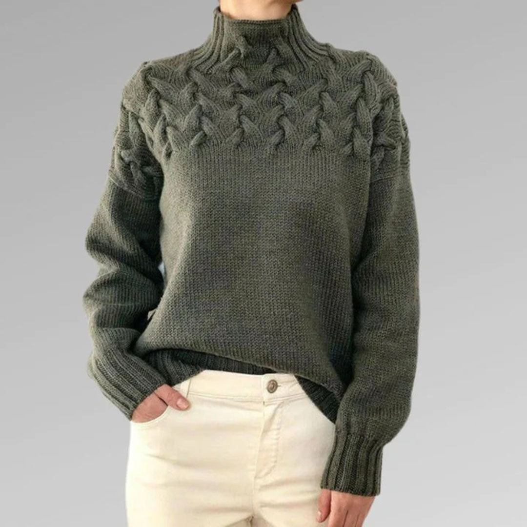 Women's knitted sweater with cable pattern and stand-up collar – stylish winter sweater for everyday and leisure