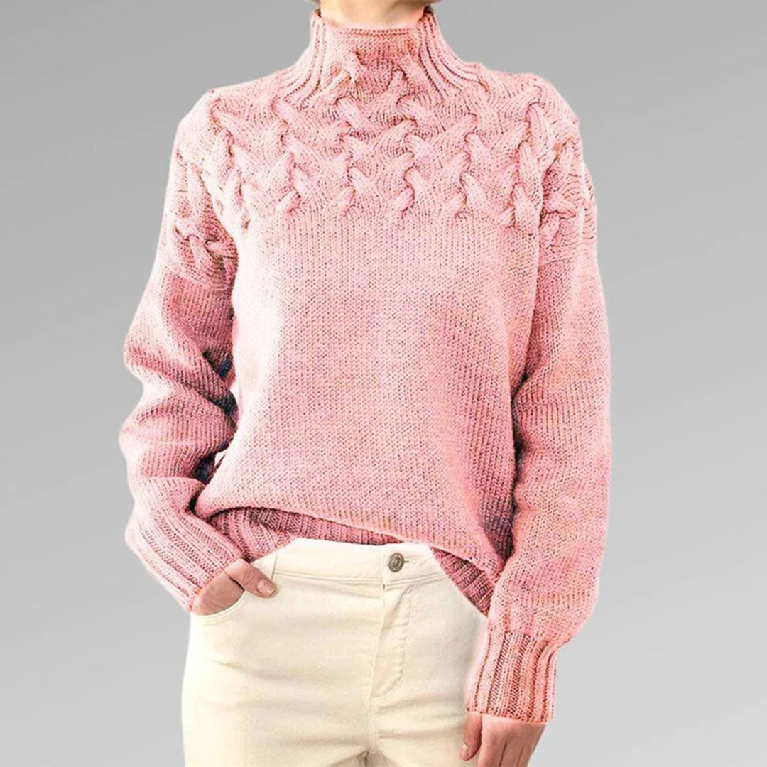 Women's knitted sweater with cable pattern and stand-up collar – stylish winter sweater for everyday and leisure