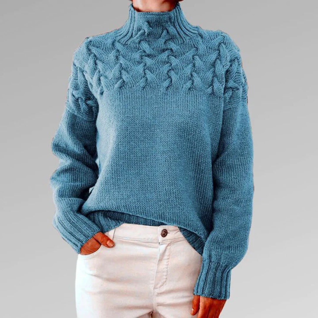 Women's knitted sweater with cable pattern and stand-up collar – stylish winter sweater for everyday and leisure
