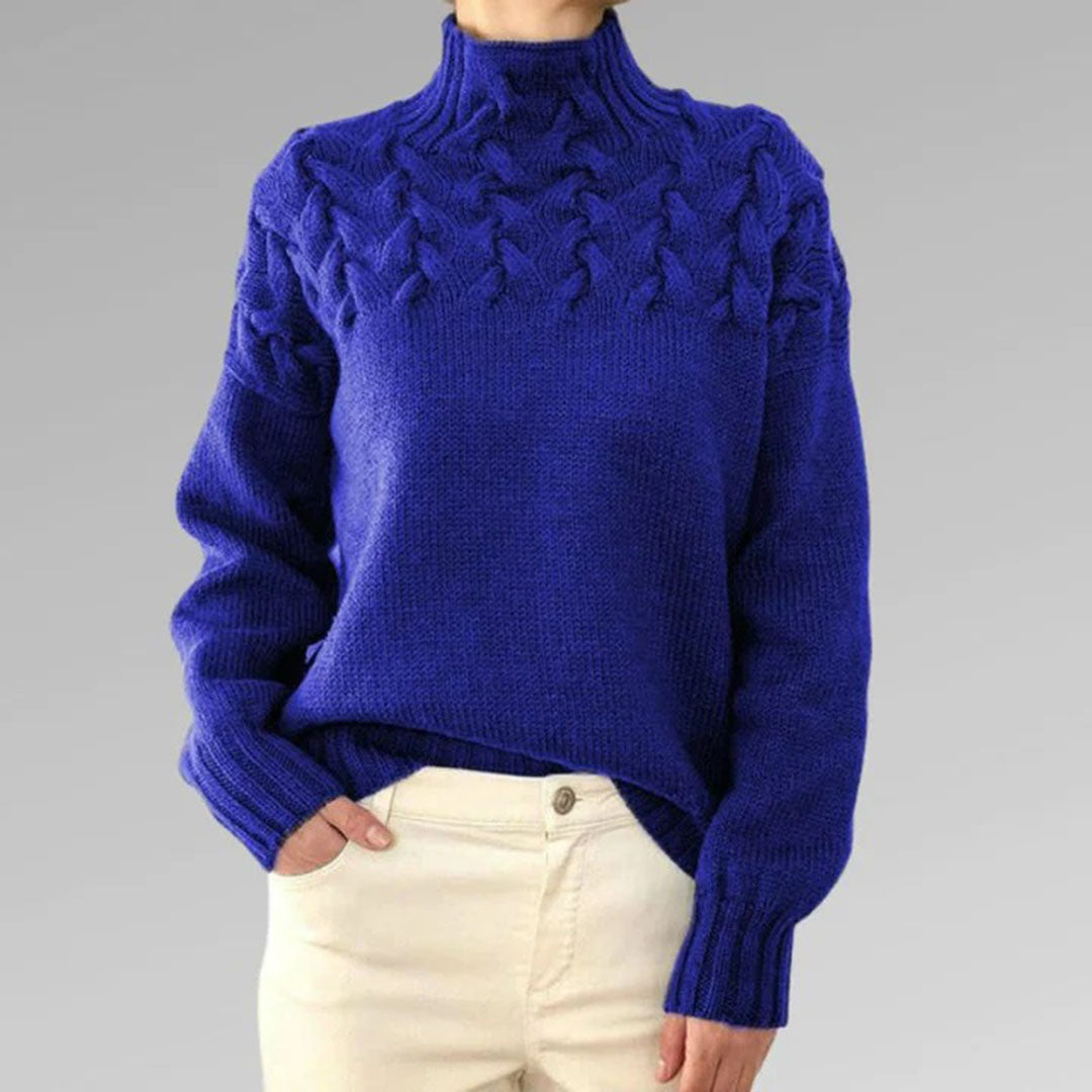 Women's knitted sweater with cable pattern and stand-up collar – stylish winter sweater for everyday and leisure