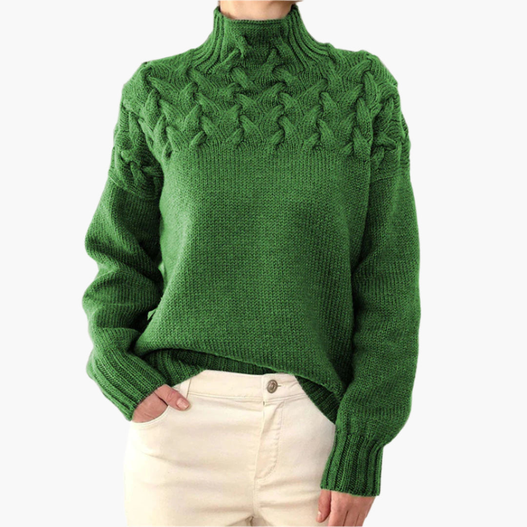 Women's knitted sweater with cable pattern and stand-up collar – stylish winter sweater for everyday and leisure