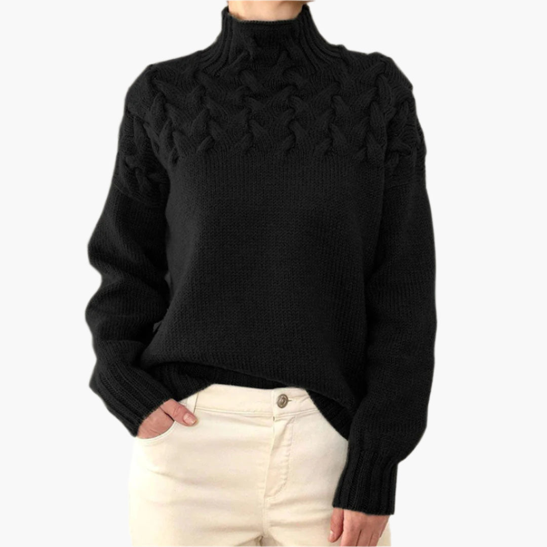 Women's knitted sweater with cable pattern and stand-up collar – stylish winter sweater for everyday and leisure