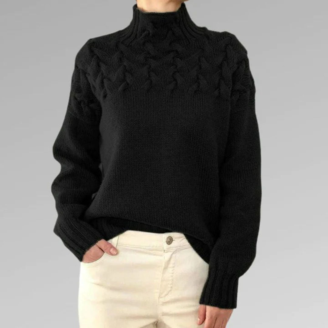 Women's knitted sweater with cable pattern and stand-up collar – stylish winter sweater for everyday and leisure