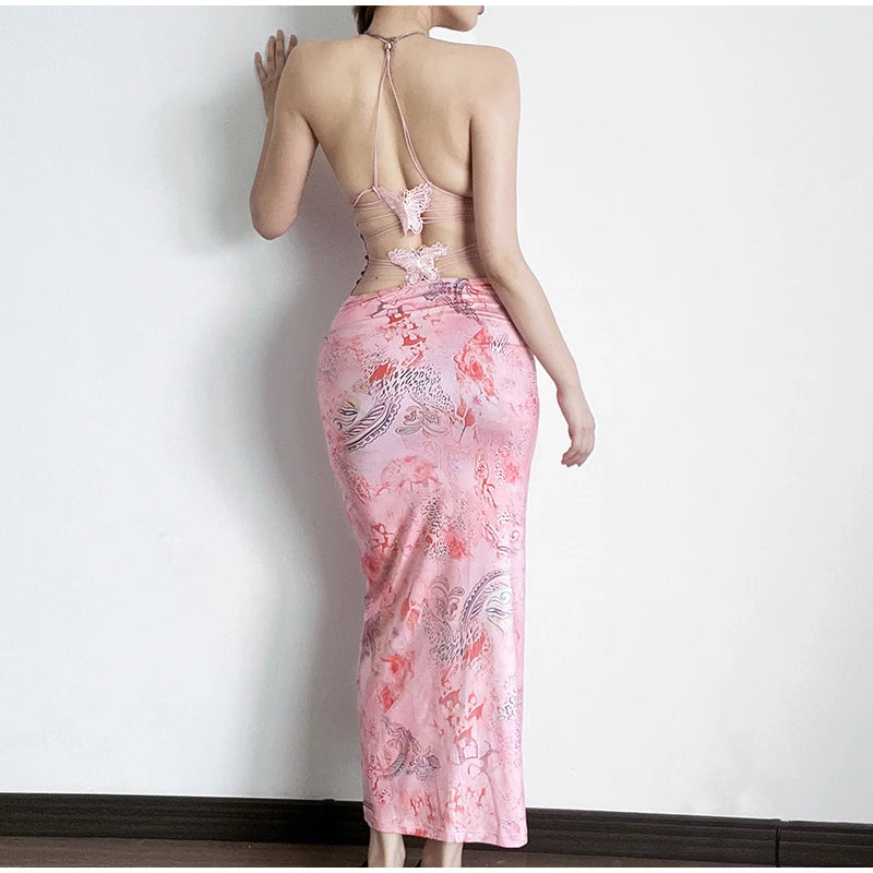 Alice – Schmetterling Halterneck Rückenfrei Schlankes Druckkleid