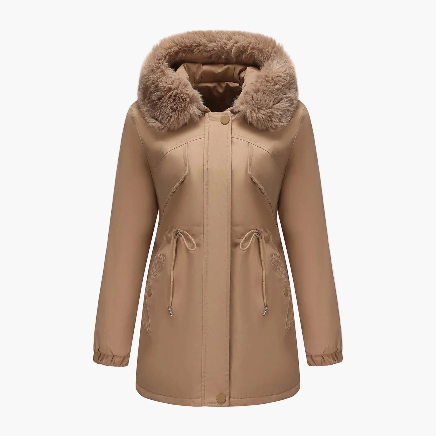 Women's winter jacket with hood and faux fur collar – Elegant parka for cold days
