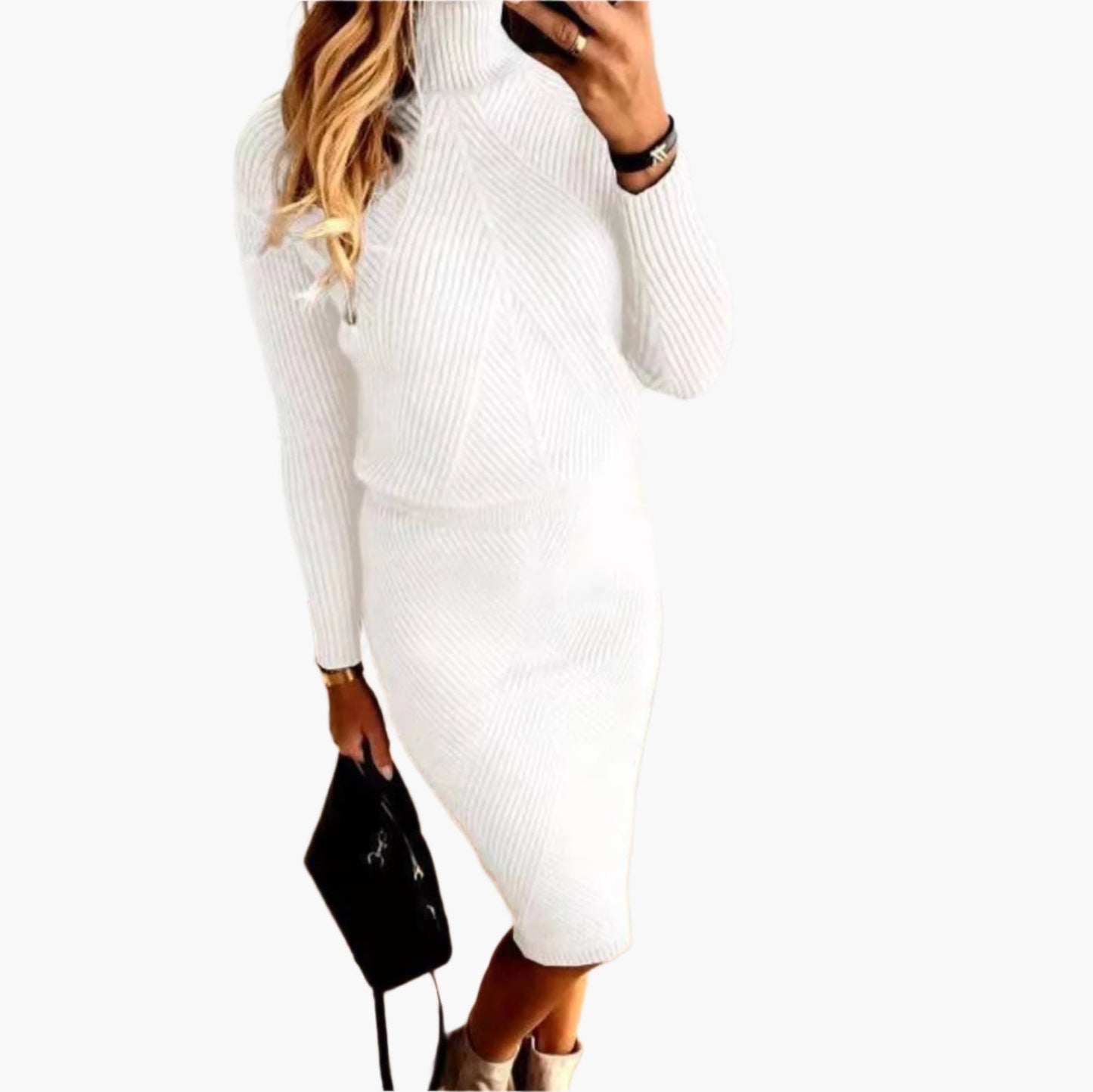 Women's knitted dress set with turtleneck – elegant autumn winter outfit for office and leisure