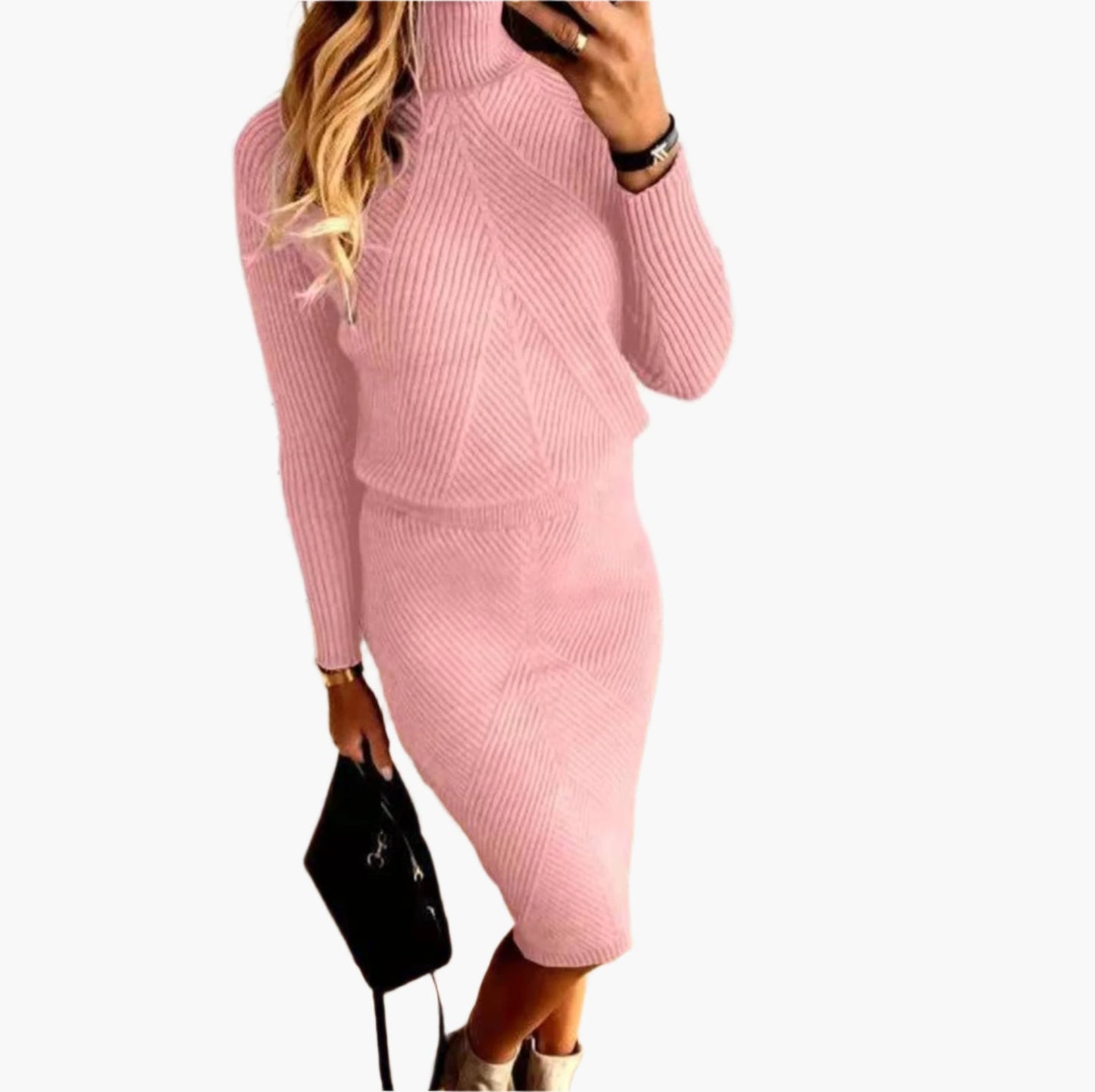 Women's knitted dress set with turtleneck – elegant autumn winter outfit for office and leisure