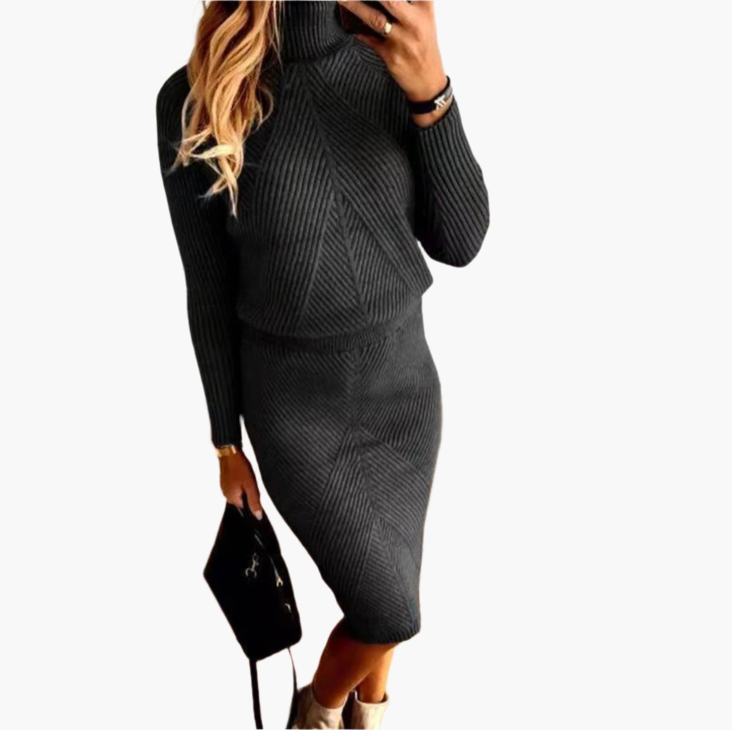 Women's knitted dress set with turtleneck – elegant autumn winter outfit for office and leisure