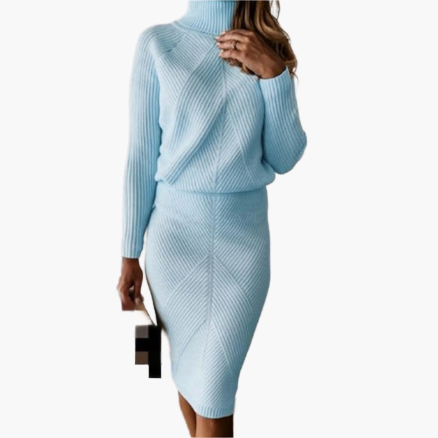 Women's knitted dress set with turtleneck – elegant autumn winter outfit for office and leisure