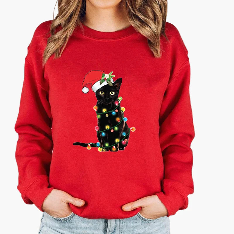 Women's Christmas Sweater with Cat, Christmas Hat and String Lights – Funny Winter Sweater for Women